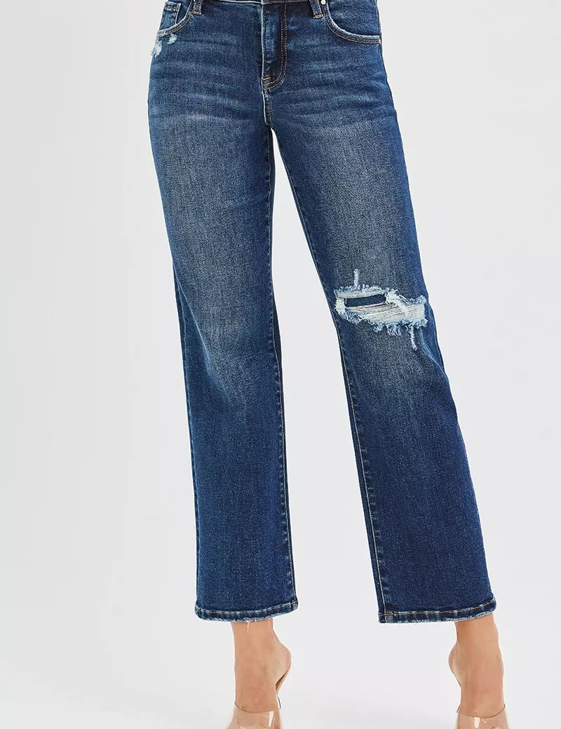 RISEN High Rise Crop Slim Straight Jeans with Hidden Knee Patch | Jeans Daverri Fashions