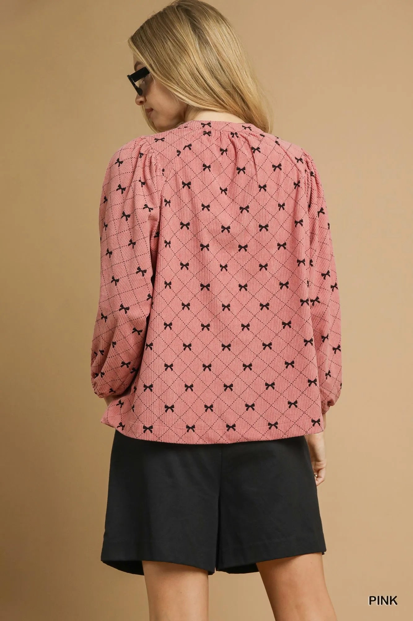 Umgee Corduroy Bow Print Balloon Sleeve Blouse | Blouses Daverri Fashions