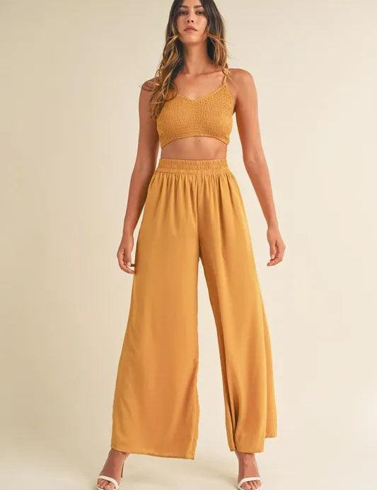 MABLE Smocked Bralette Crop Top and Wide Leg Pants Set Gold | Outfit Sets Daverri Fashions