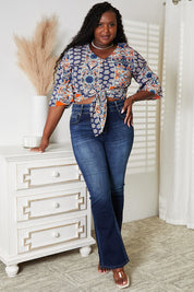 Tie Hem V-Neck Three-Quarter Sleeve Blouse | Daverri Fashions