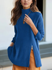 Blue Ribbed Turtleneck Sweater with Side Slit Detail | Turtleneck Sweaters Daverri Fashions