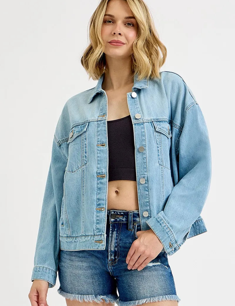 LIGHT RISEN Washed Dropped Shoulder Denim Jacket | Denim Jackets Daverri Fashions