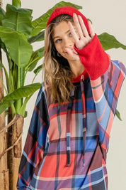 BiBi Plaid Mirr Brushed Rib Contrast Thumb Open Hoodie | Hoodies Daverri Fashions