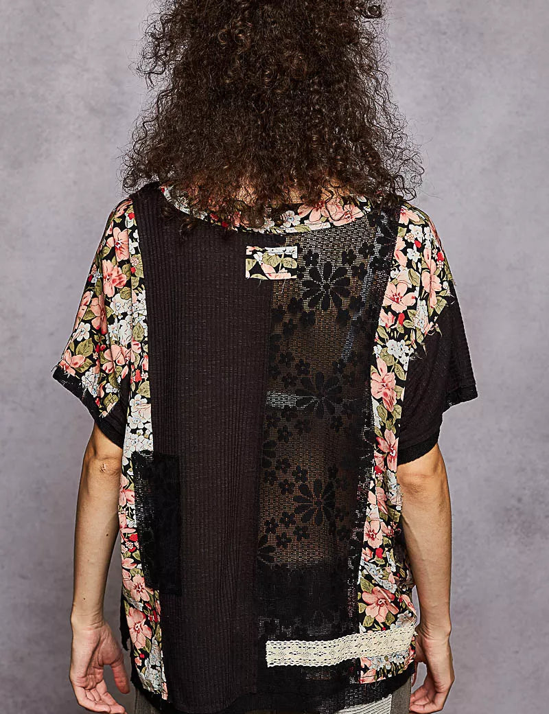 POL Lace Round Neck Short Sleeve Floral Pattern Top with Patch Detail | Blouses Daverri Fashions