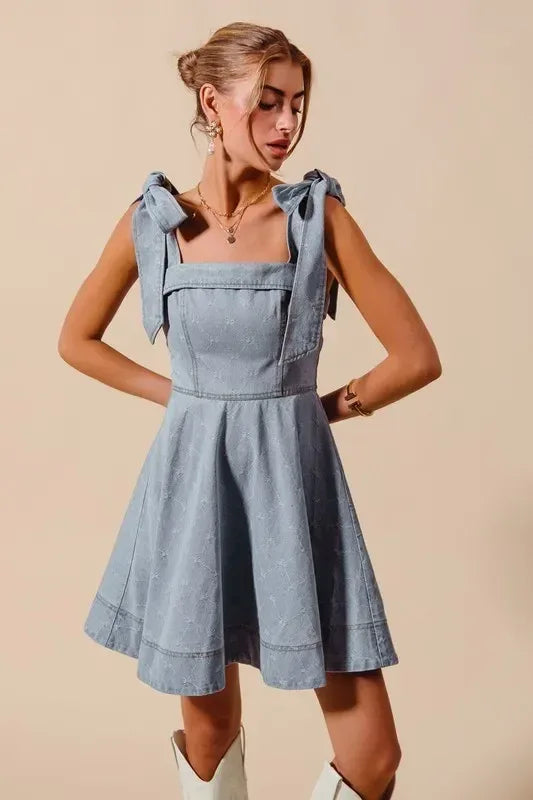 SO ME A Line Fit and Flare Diamond Bow Ribbon Denim Dres - DAVERRI FASHIONS