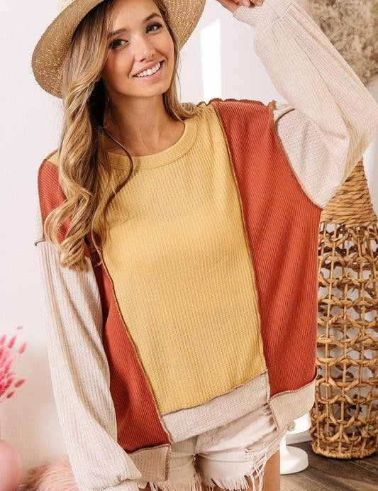 OATMEAL COMBO L BiBi Waffle-Knit Exposed Seam Color Block Uneven Hem Top | Tops Daverri Fashions