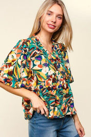 Haptics Full Size Frill Floral Puff Sleeve Peplum Blouse | Blouses Daverri Fashions