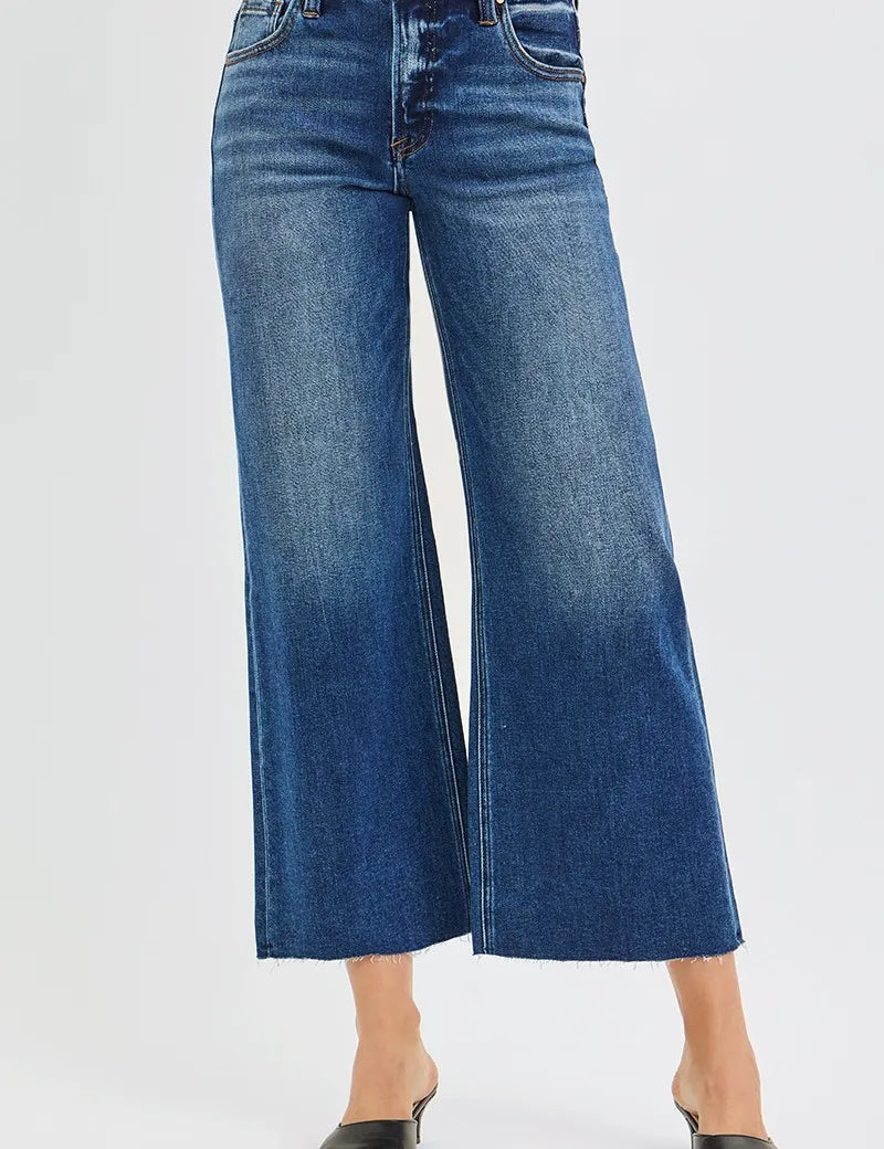 DARK RISEN Full Size Mid Rise Crop Wide Raw Cut Hem Jeans Plus Size | Jeans Daverri Fashions