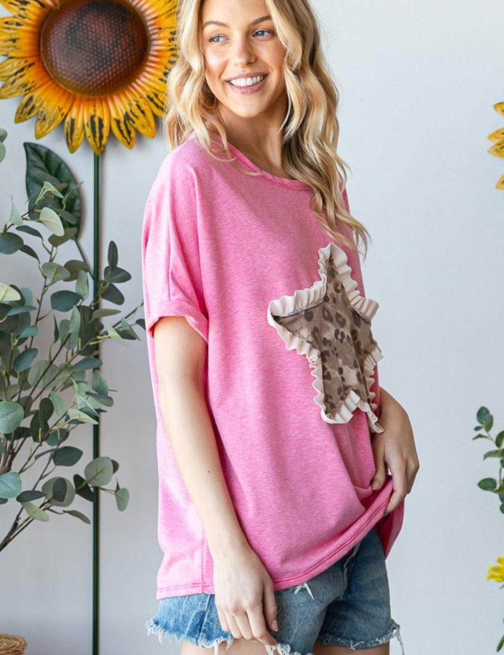 HOPELY Leopard Star Patch Short Sleeve T-Shirt | T-Shirts Daverri Fashions