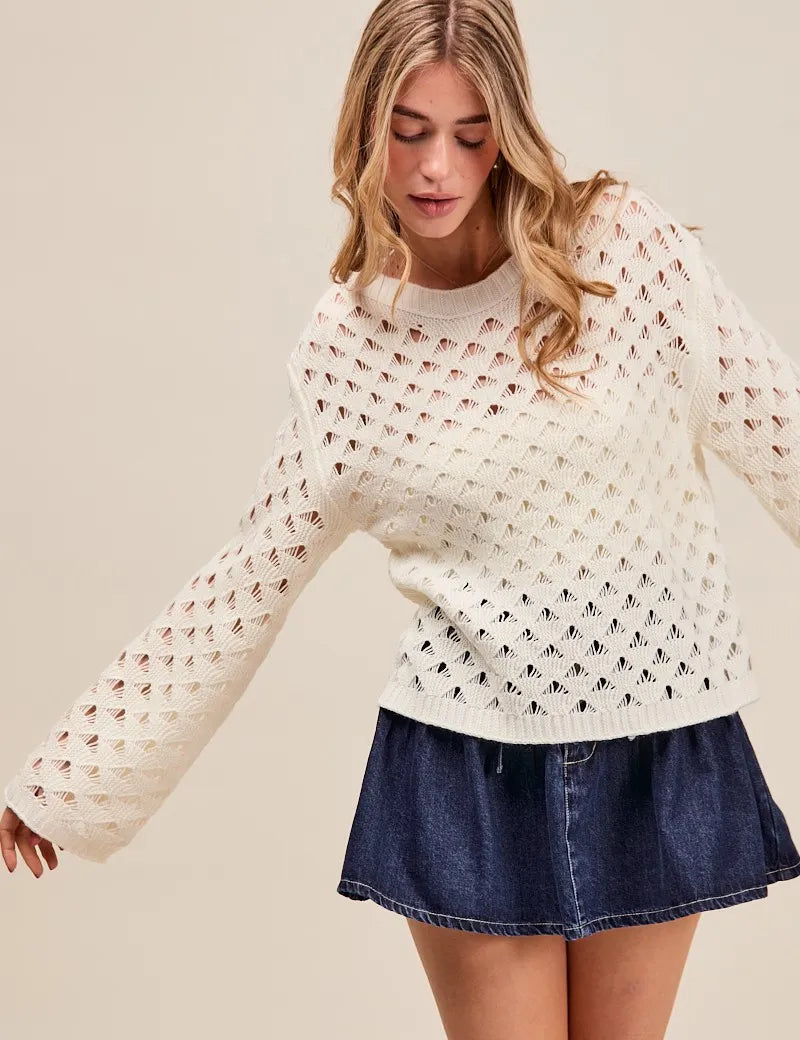 IVORY SO ME Geometric Pattern Open Knit Lightweight Sweater | Sweaters Daverri Fashions