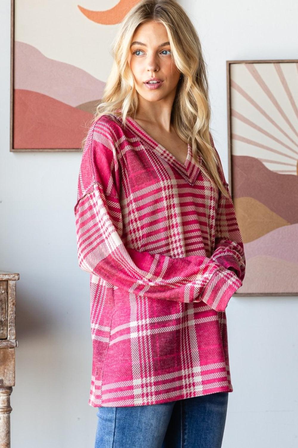 Heimish Plaid Drop Shoulder V-Neck T-Shirt | Daverri Fashions