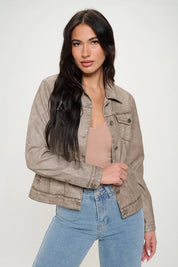 Khaki L Coalition LA Button Down Cargo Vegan Leather Shacket | Shackets Daverri Fashions