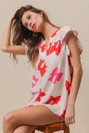 BiBi Bow Printed Woven Ruffled Sleeves V Neck Top | Tops Daverri Fashions