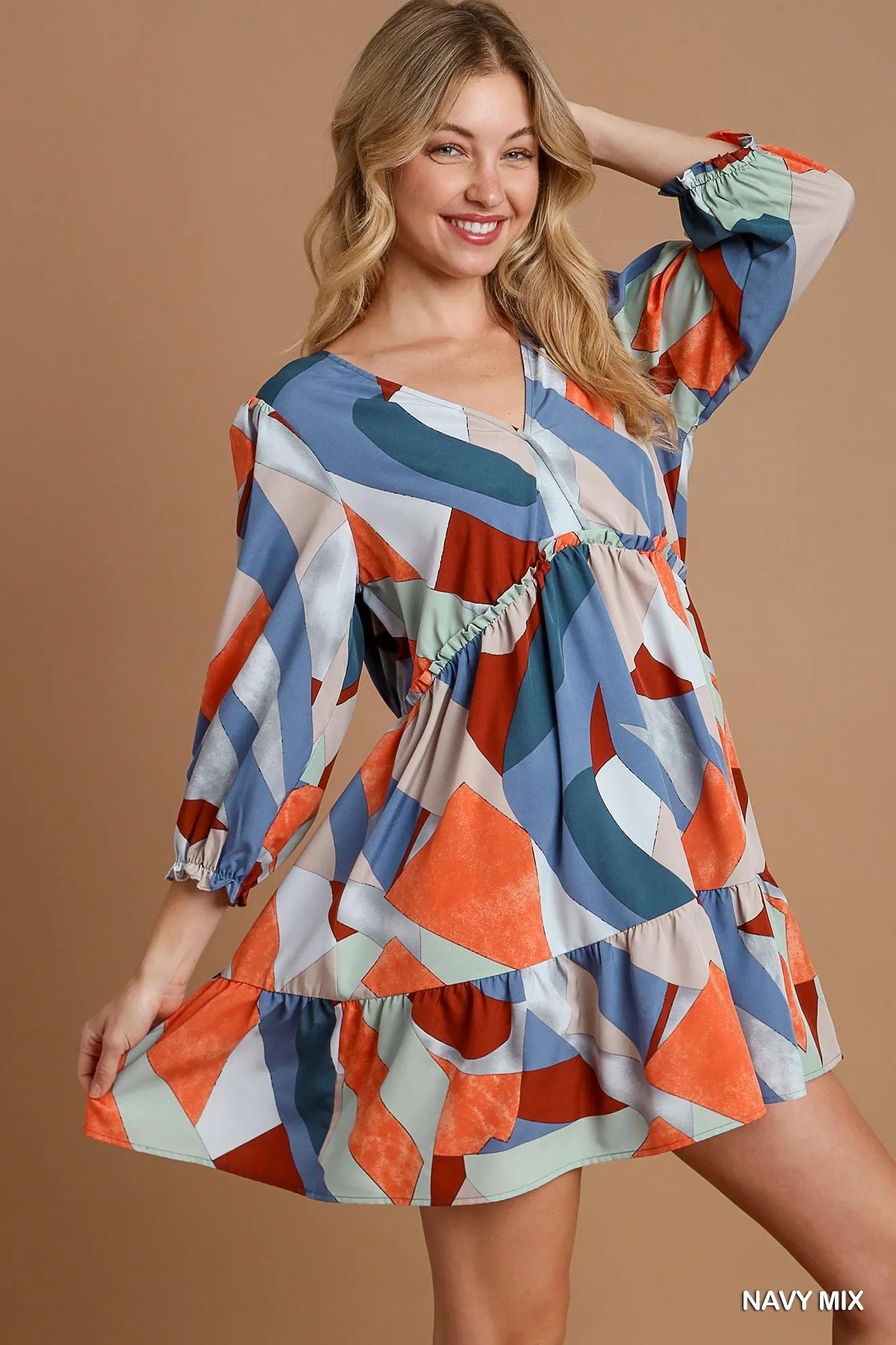 Umgee Abstract V-Neck Tiered Printed Dress | Daverri Fashions