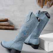 Embroidered Point Toe Block Heels Boots | Boots Daverri Fashions