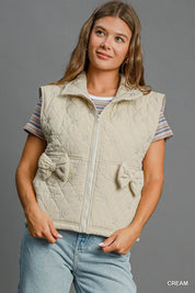 CREAM Umgee Sleeveless Quilted Vest with Bow Details | Daverri Fashions