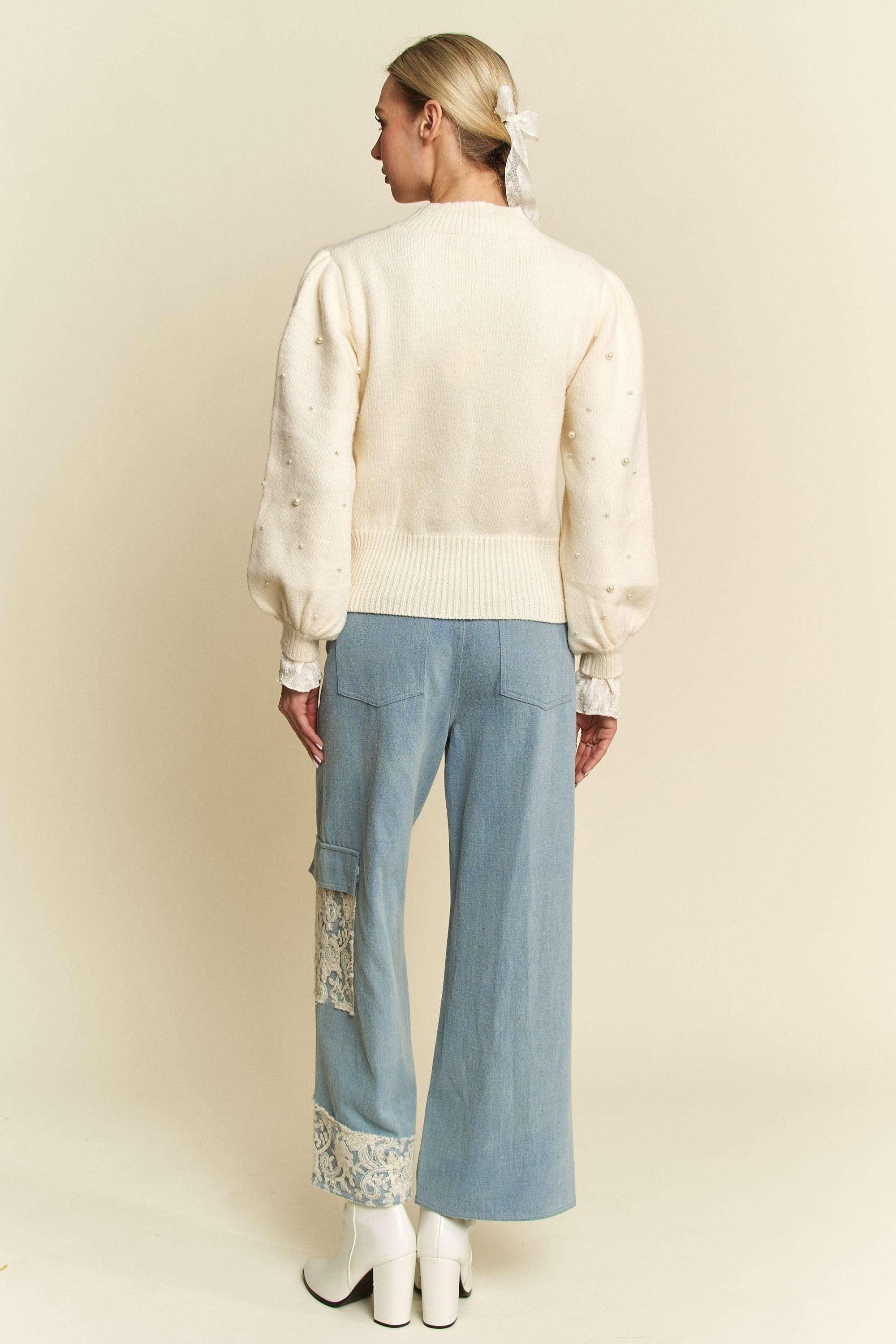 Davi & Dani Lace Applique Wide Leg Jeans | Jeans Daverri Fashions