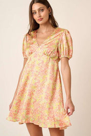 Mittoshop Printed V-Neck Puff Sleeve Mini Dress | Mini Dresses Daverri Fashions