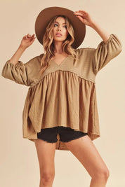 Oatmeal Aemi + Co High-Low Frayed Hem V-Neck Blouse | Daverri Fashions