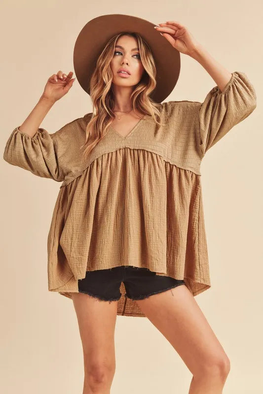 Oatmeal Aemi + Co High-Low Frayed Hem V-Neck Blouse | Daverri Fashions