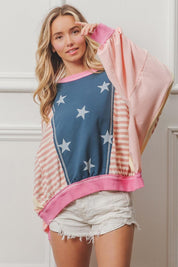 BiBi Stars and Stripes Round Neck Long Sleeve Top XL | Tops Daverri Fashions