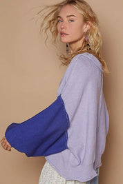 POL Exposed Seam Contrast V-Neck Lantern Sleeve Sweater | Sweaters Daverri Fashions