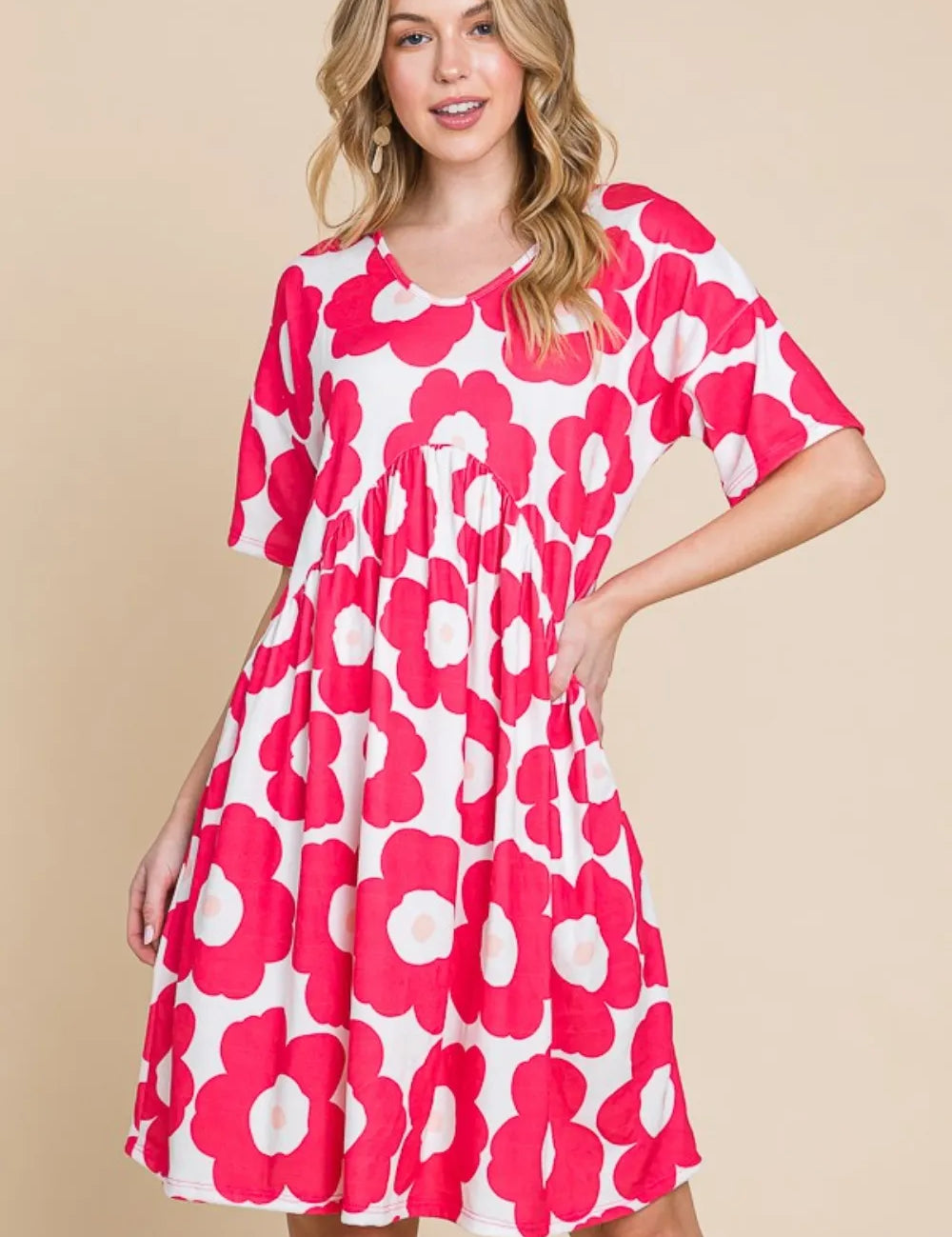 Fuchsia BOMBOM Flower Print Ruched Dress | Mini Dresses Daverri Fashions