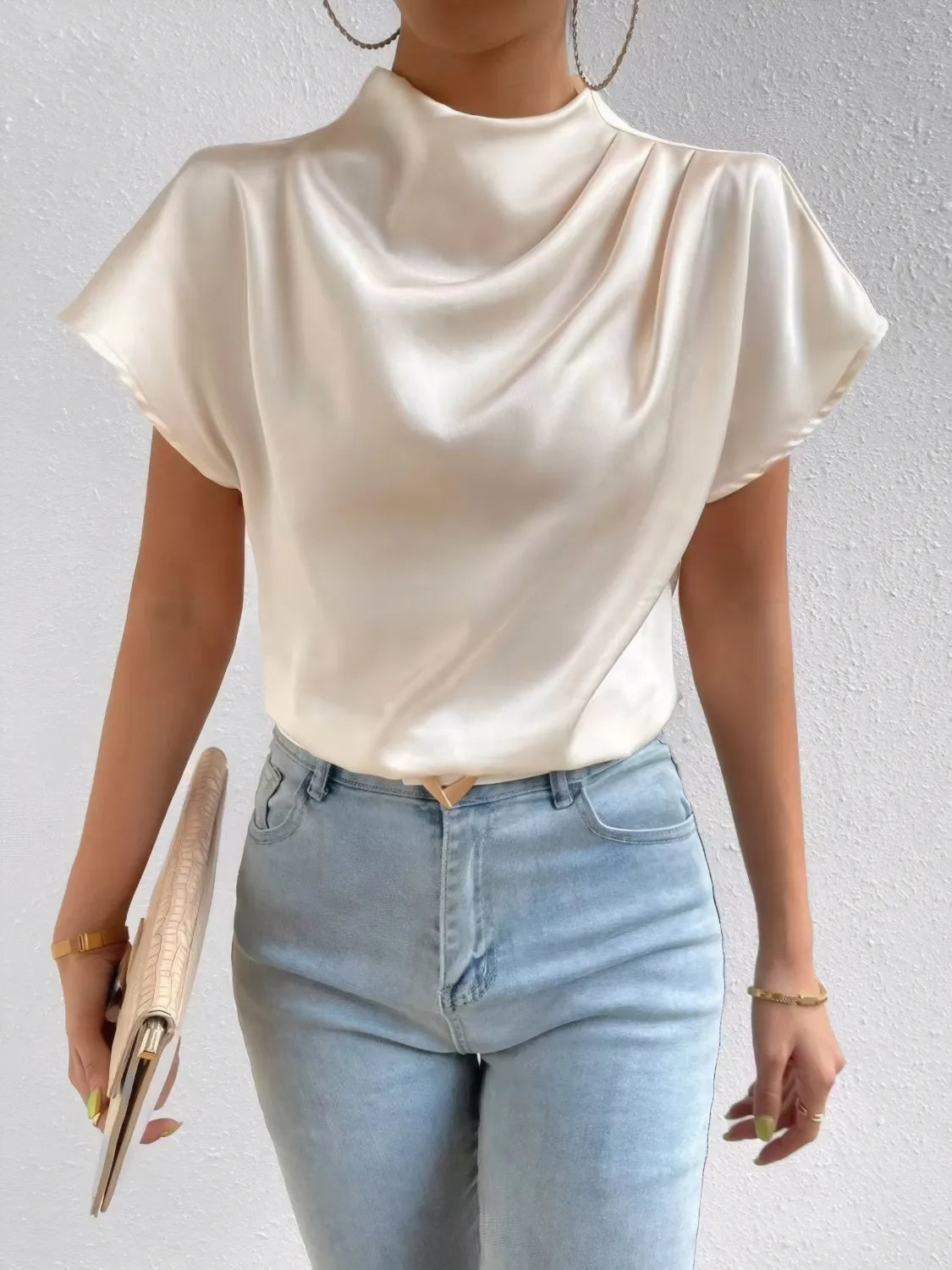Mock Neck Short Sleeve Blouse | Blouses Daverri Fashions