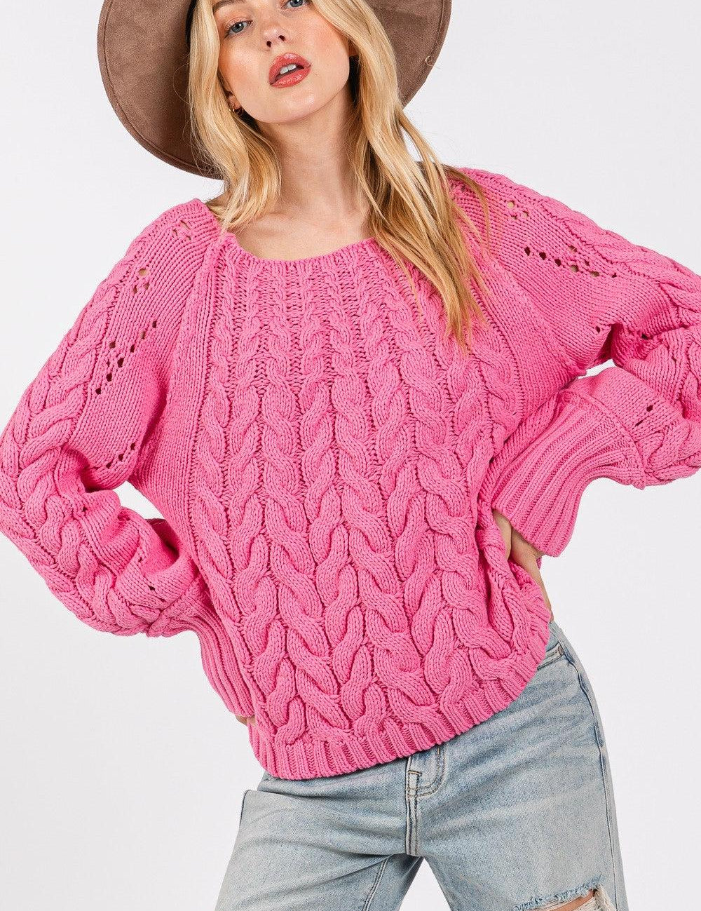 Deep Pink SAGE + FIG Cable-Knit Long Sleeve Sweater Pink | Sweaters Daverri Fashions
