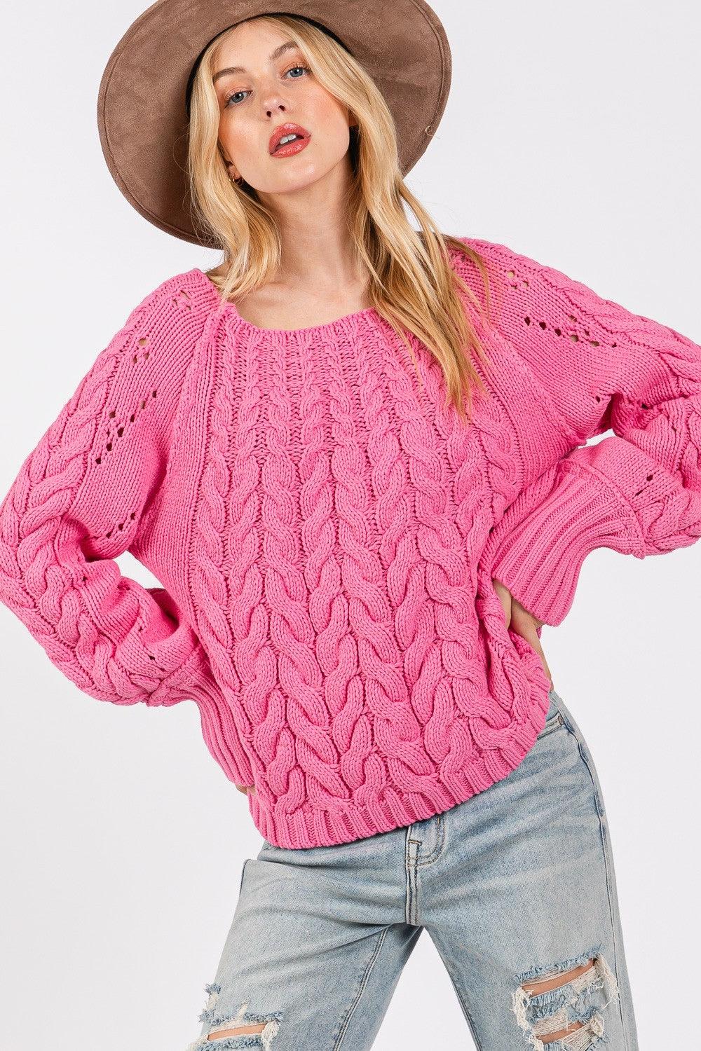 Deep Pink SAGE + FIG Cable-Knit Long Sleeve Sweater Pink | Sweaters Daverri Fashions