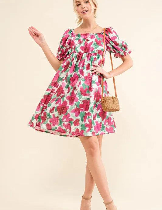 Fuchsia And The Why Smocked Floral Ruffle Short Sleeve Mini Dress | Mini Dresses Daverri Fashions