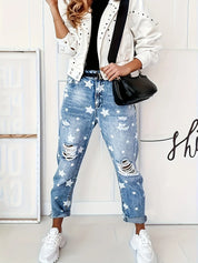 Star Print Distressed High Waist Boyfriend Jeans | Jeans Daverri Fashions