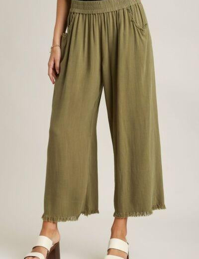 Yellow-Green Umgee Full Size Linen Blend Elastic Waistband Wide Leg Pants Plus Size | Pants Daverri Fashions