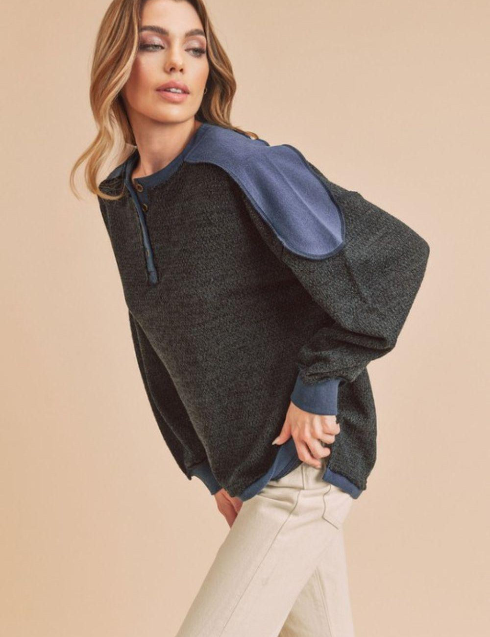 Aemi + Co Side Slit Button Detail Contrast Shoulder Sweatshirt | Sweatshirts Daverri Fashions