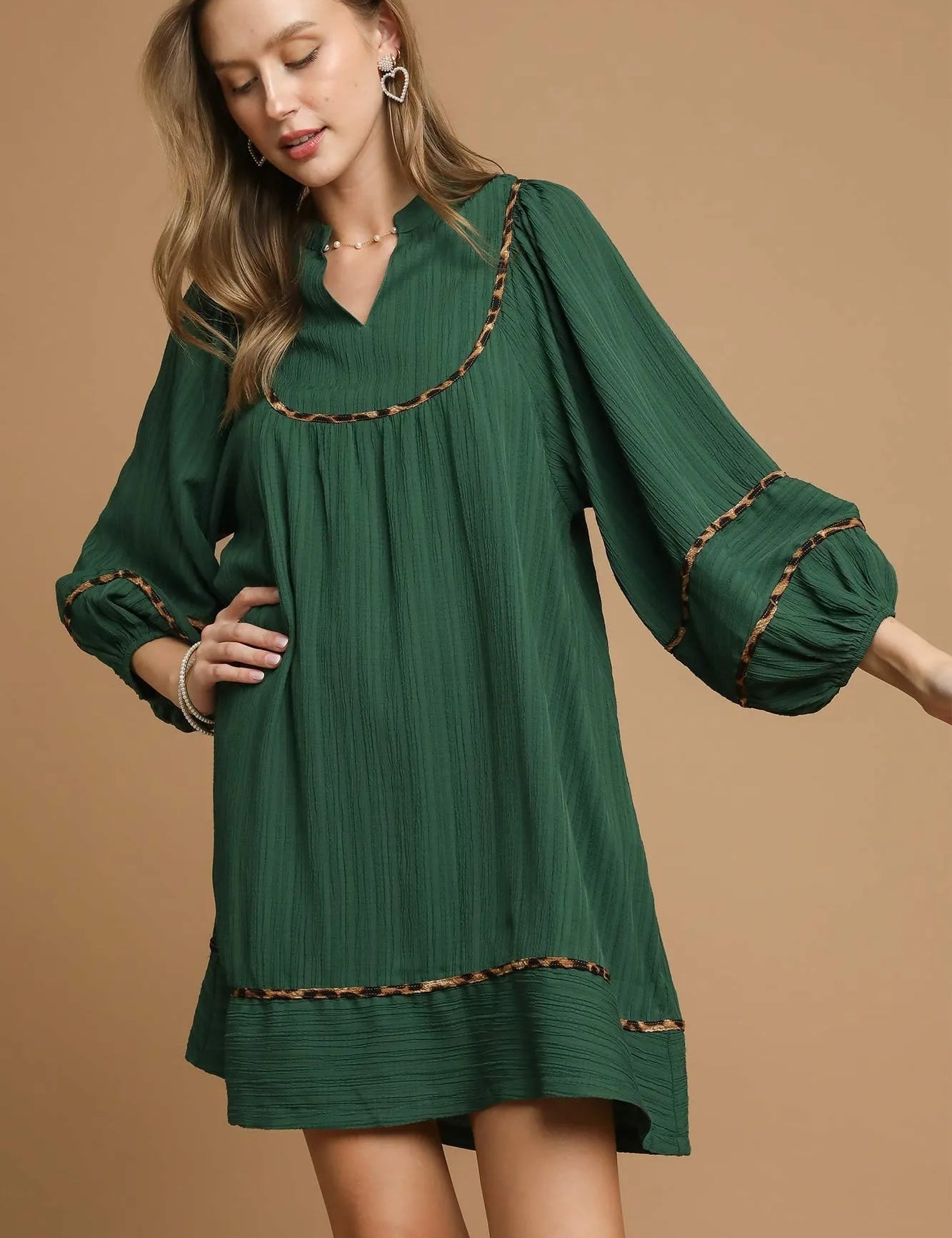 PALM GREEN Umgee Textured Babydoll Dress with Leopard Trim | Daverri Fashions