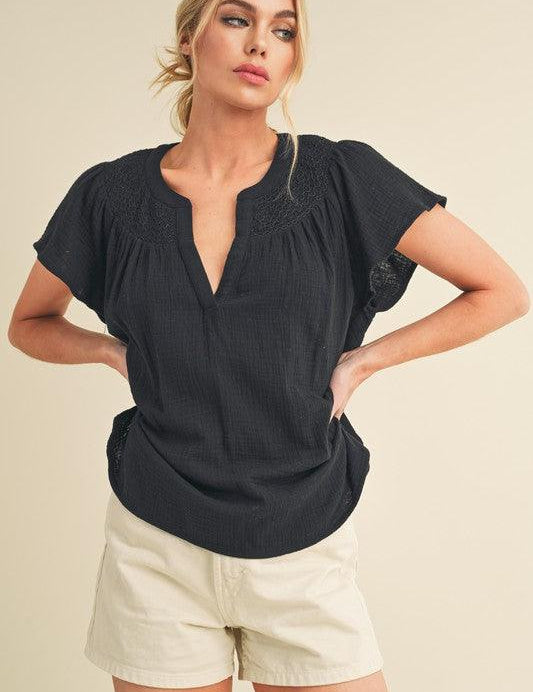 Black S Aemi + Co Embroidered Trim Side Slit Notched Short Sleeve Blouse | Blouses Daverri Fashions