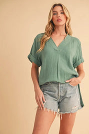 Turquoise Aemi + Co Side Slit V-Neck Short Sleeve Blouse | Daverri Fashions