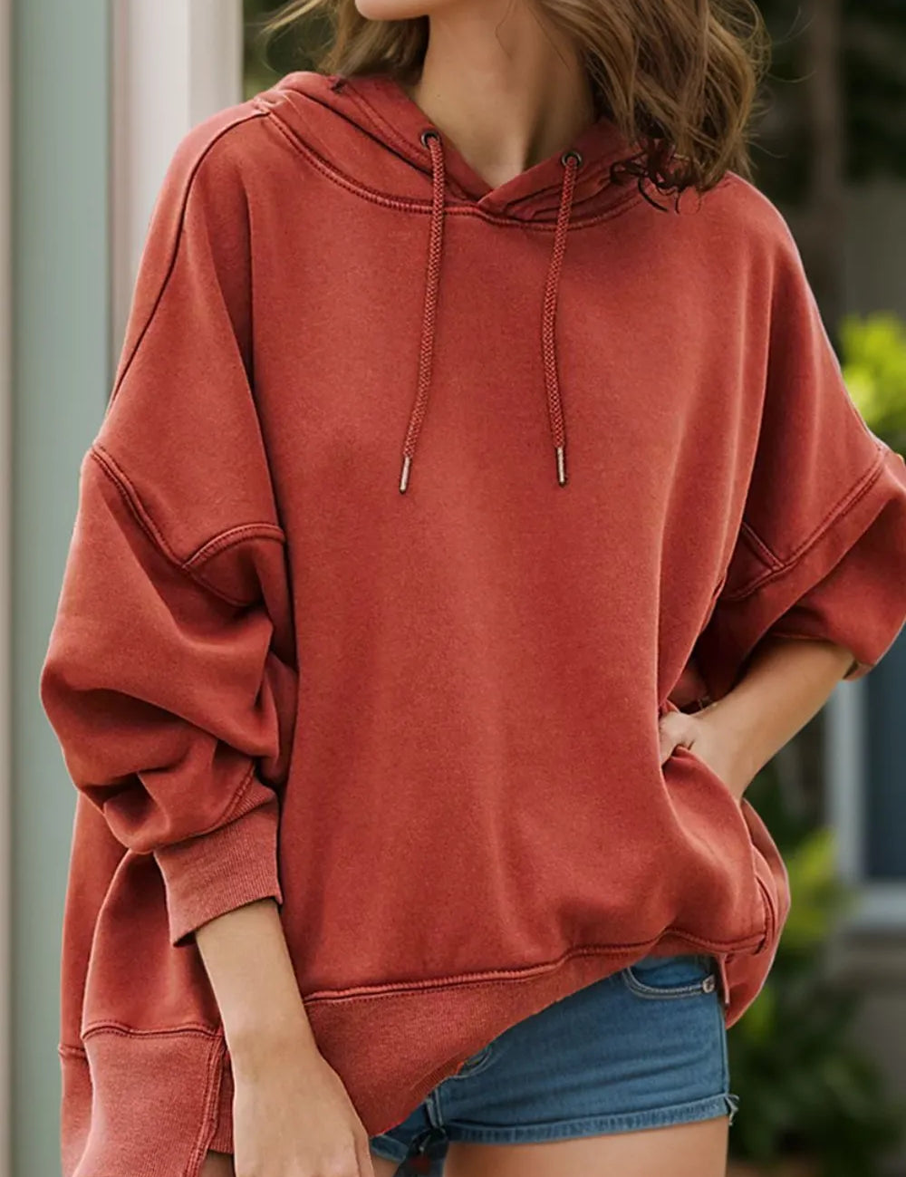 Rust Drawstring Dropped Shoulder Long Sleeve Hoodie | Sweatshirts Daverri Fashions