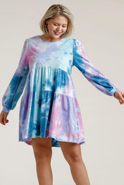 Tie Dye Round Neck Long Sleeve Babydoll Tiered Dress | Babydoll Dresses Daverri Fashions