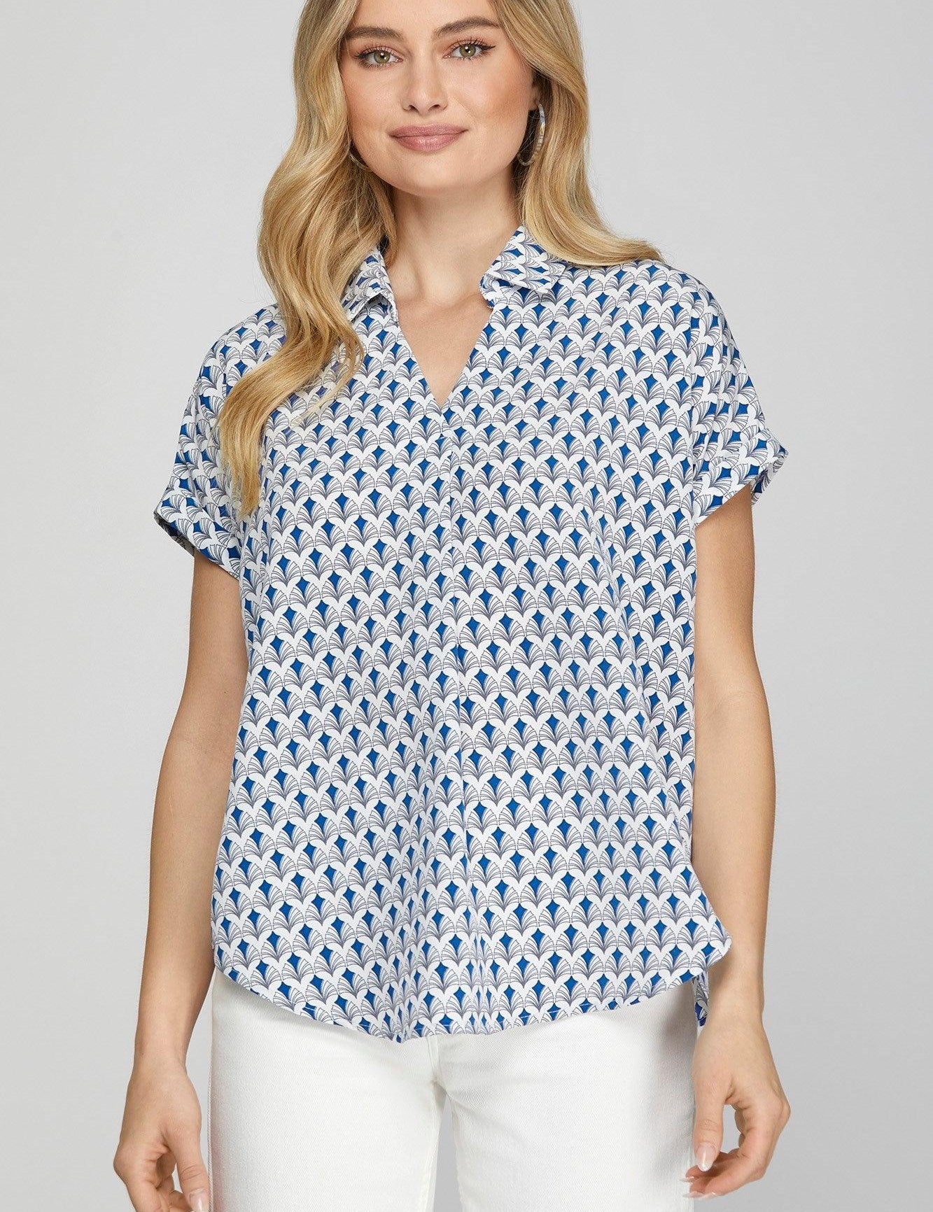 Royal Blue XL She + Sky Full Size Printed Johnny Collar Short Sleeve Blouse Plus Size | Blouses Daverri Fashions