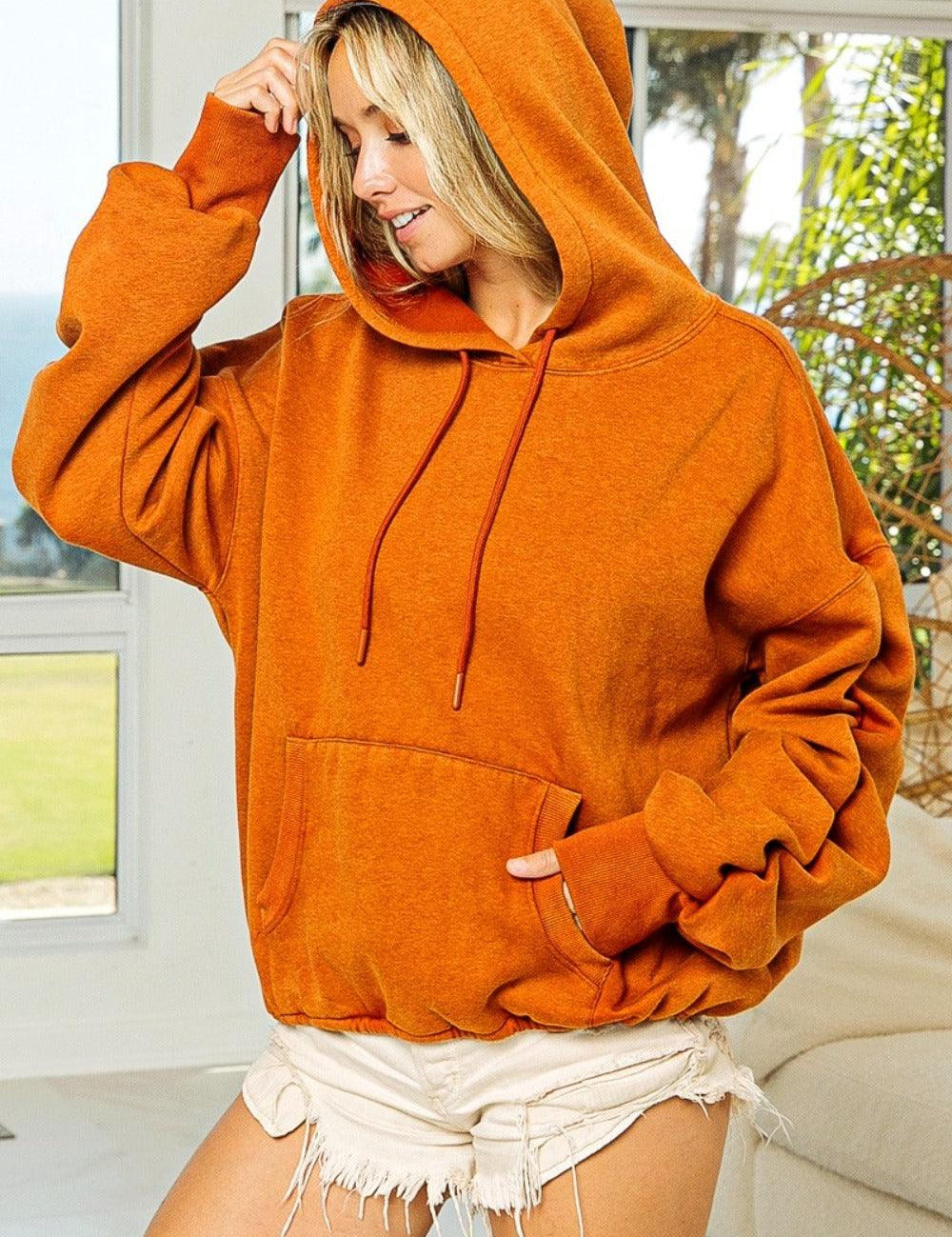 BiBi Ruched Long Sleeve Washed Fleece Hoodie Rust | Hoodies Daverri Fashions