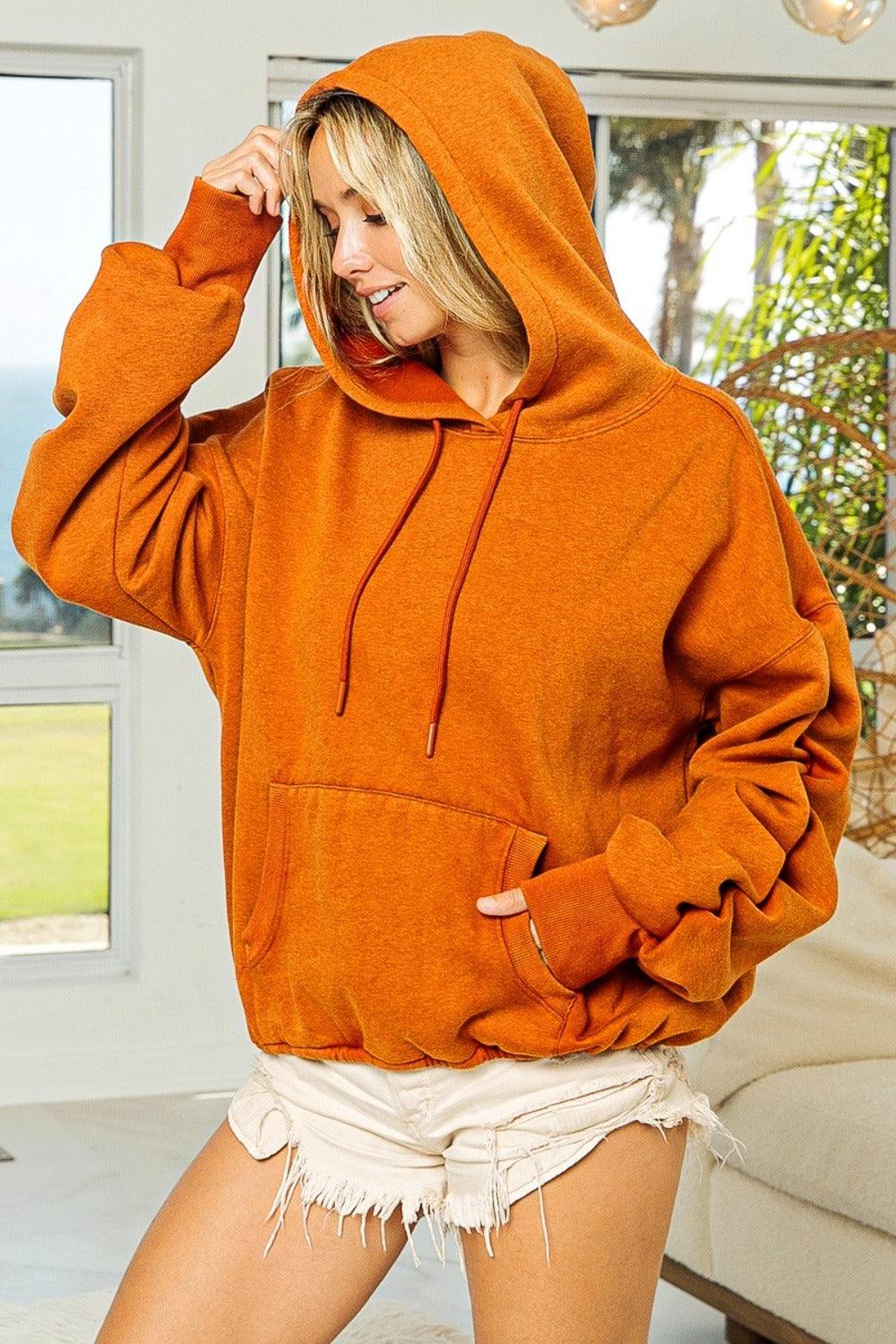 BiBi Ruched Long Sleeve Washed Fleece Hoodie Rust | Hoodies Daverri Fashions