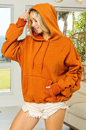 BiBi Ruched Long Sleeve Washed Fleece Hoodie Rust | Hoodies Daverri Fashions