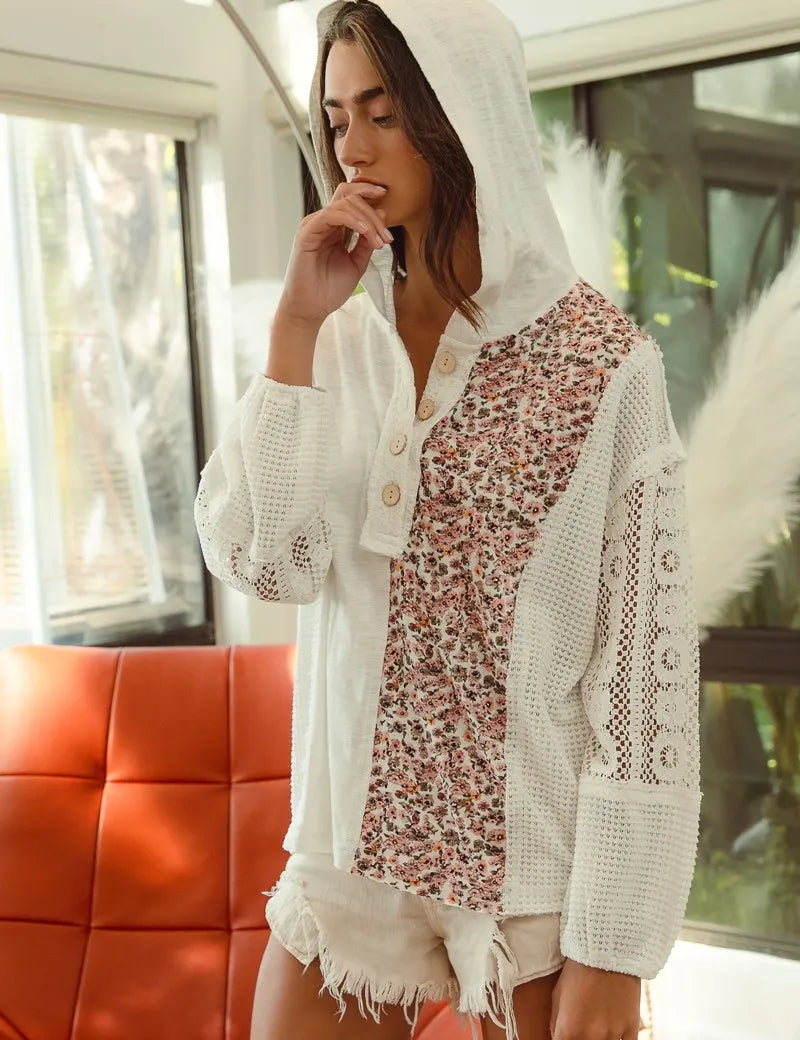 BiBi Slub Jersey with Lace Combo Buttoned Hoodie Top | Hoodies Daverri Fashions