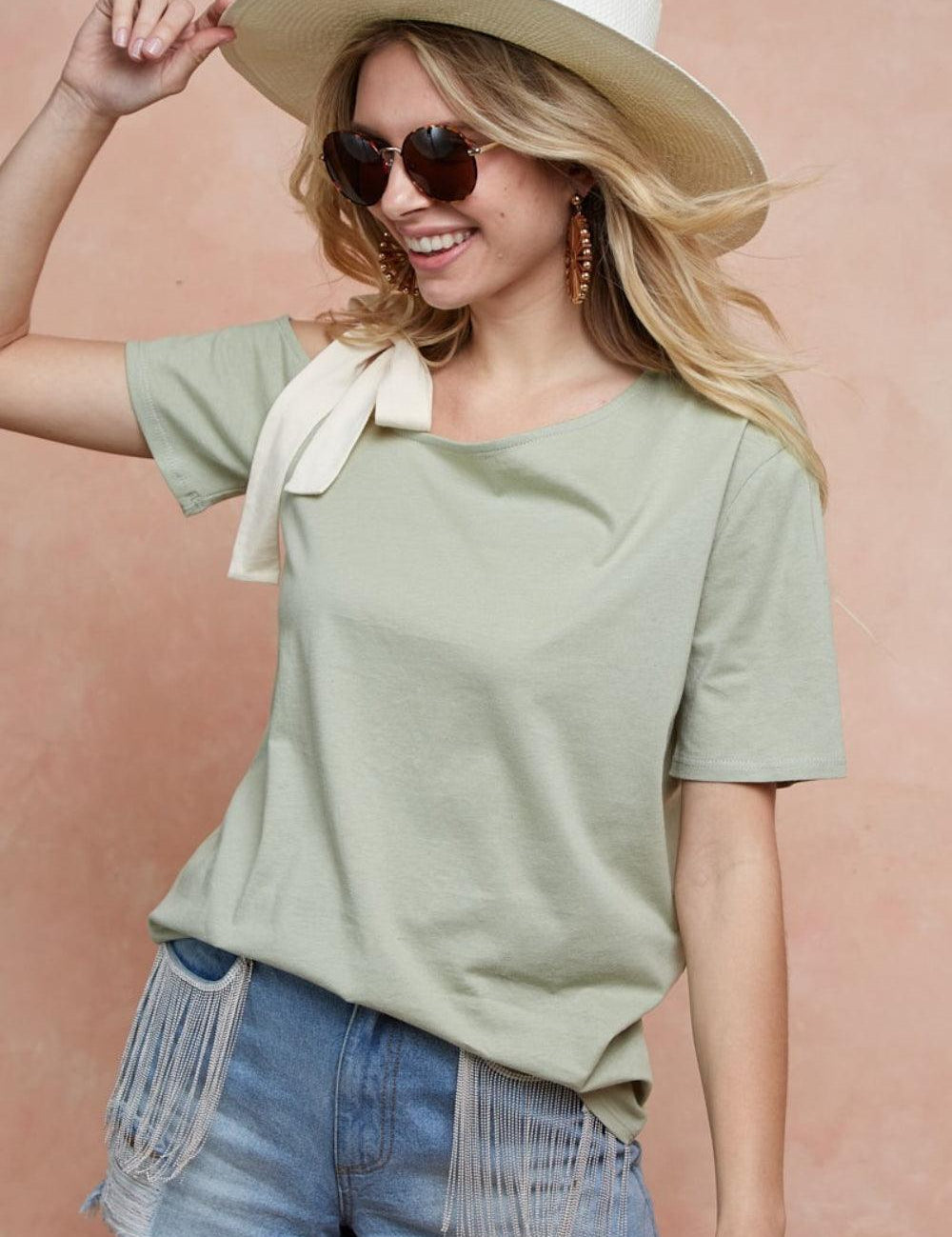 BiBi Tied Ribbon One Shoulder Short Sleeve T-Shirt | T-Shirts Daverri Fashions