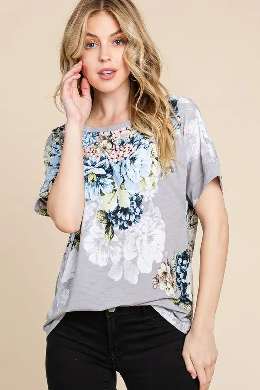 BOMBOM Floral Round Neck Short Sleeve T-Shirt | Daverri Fashions