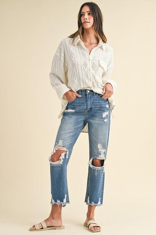 Annie Wear Distressed Raw Hem Cropped Jeans | Daverri Fashions