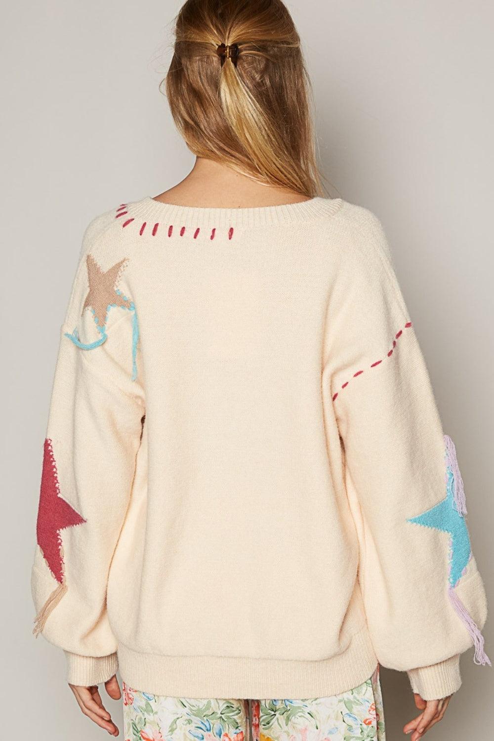 POL V-Neck Long Sleeve Star Fringe Sweater | Sweaters Daverri Fashions