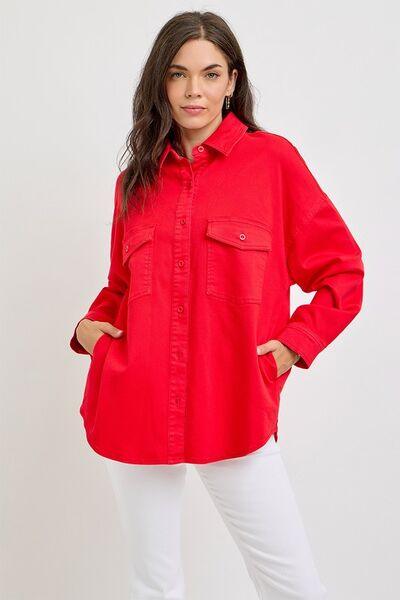 RISEN Button Down Long Sleeve Denim Shacket with Chest Pockets | Daverri Fashions