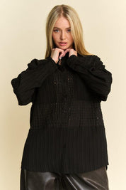 Davi & Dani Crinkled Jacquard Button Down Shirt | Tops Daverri Fashions